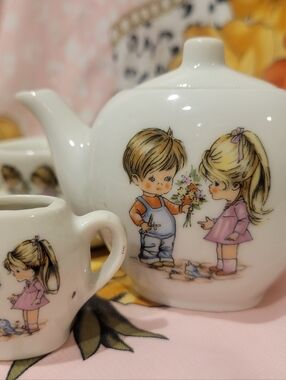 Vintage Child Illustration Porcelain 15pc Tea Set - White with Pastel Accents